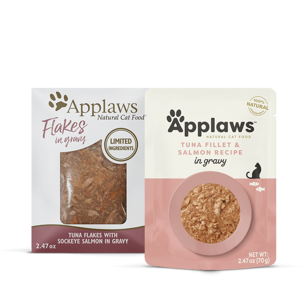 Applaws Natural Cat Food- Tuna Fillet Flakes with Salmon in Gravy Recipe 2.47 Oz