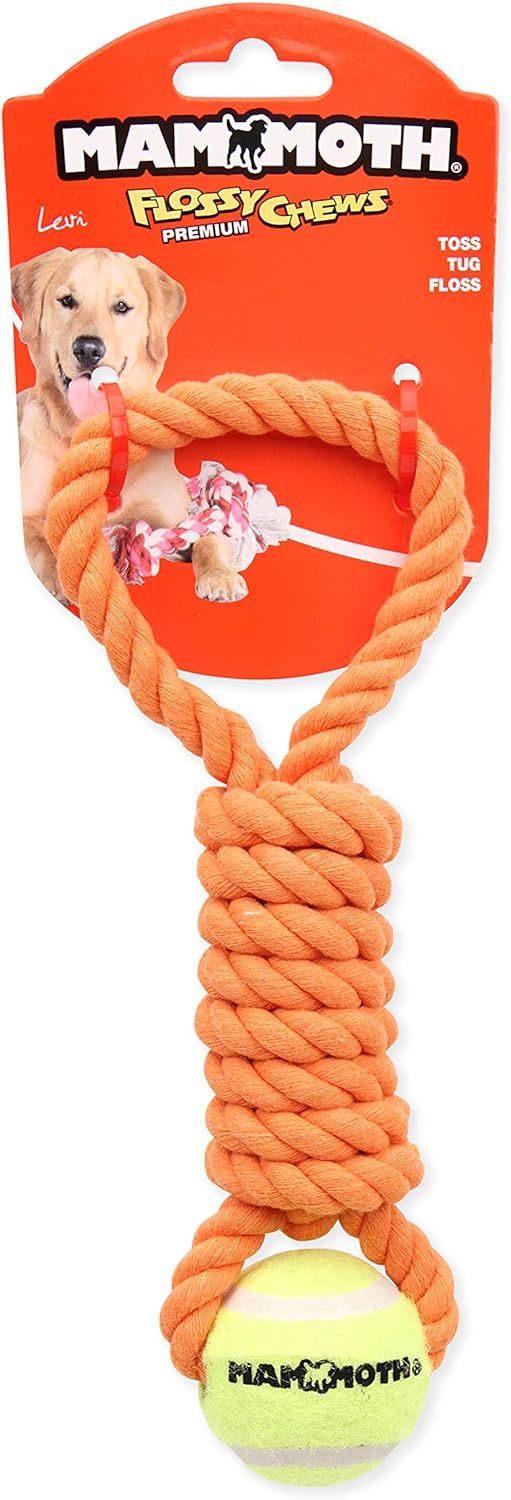 MAMMOTH PET Flossy Chews Mini 10" Twister Pull Tug with Mini Tennis Ball Dog Toy