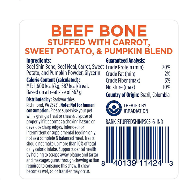 Barkworthies Stuffed Beef Bone Dog Chew - Carrot, Sweet Potato, & Pumpkin Blend