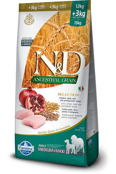 FARMINA Ancestral Grain Chicken + Pomegranate Med/ Max Dog Food 33 lb Bonus bag