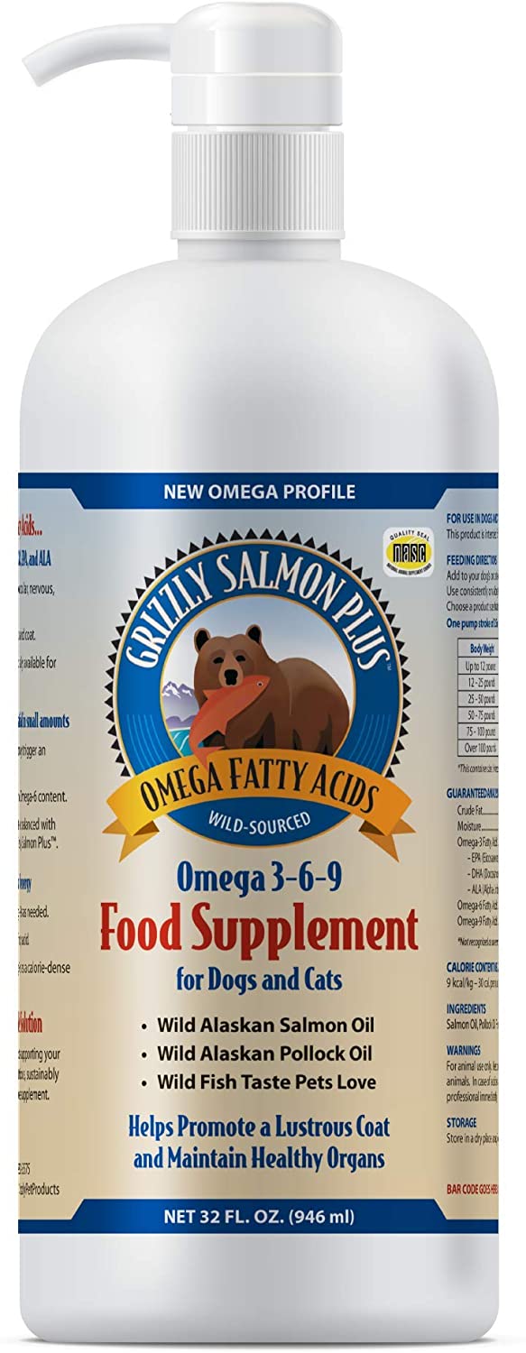 Grizzly Salmon Oil Plus Supplement for Dogs and Cats- Wild Sourced Salmon Oil, Omega 3-6-9