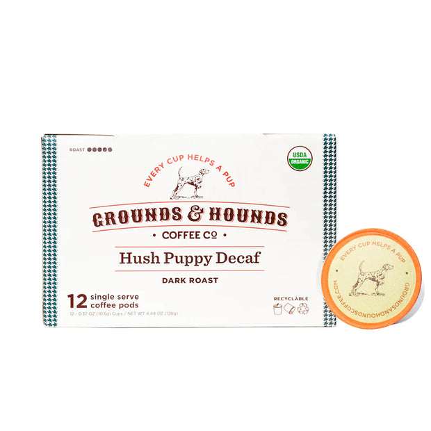 Grounds & Hounds Hush Puppy Blend Decaf Dark Roast Single Serve Pods- 12 Count